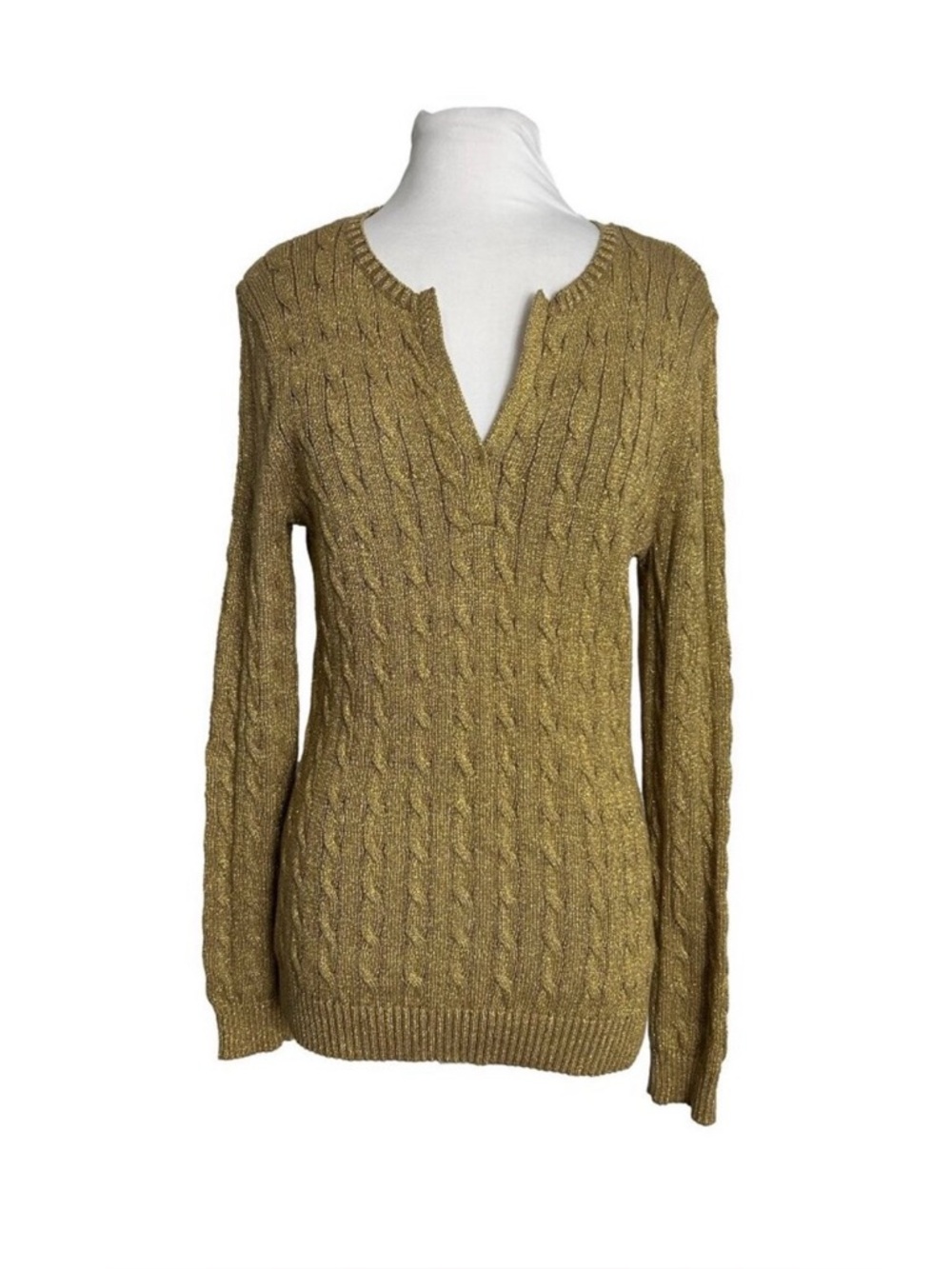 Lauren Ralph Lauren Gold Cable-Knit V-Neck Sweater. Perfect for the holidays